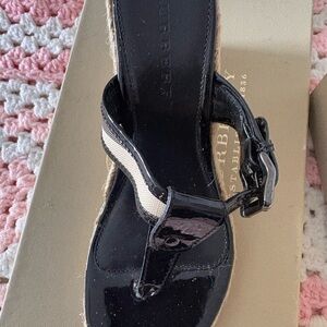 Burberry Black Patent Wedge Sandals with Beige Check Detail